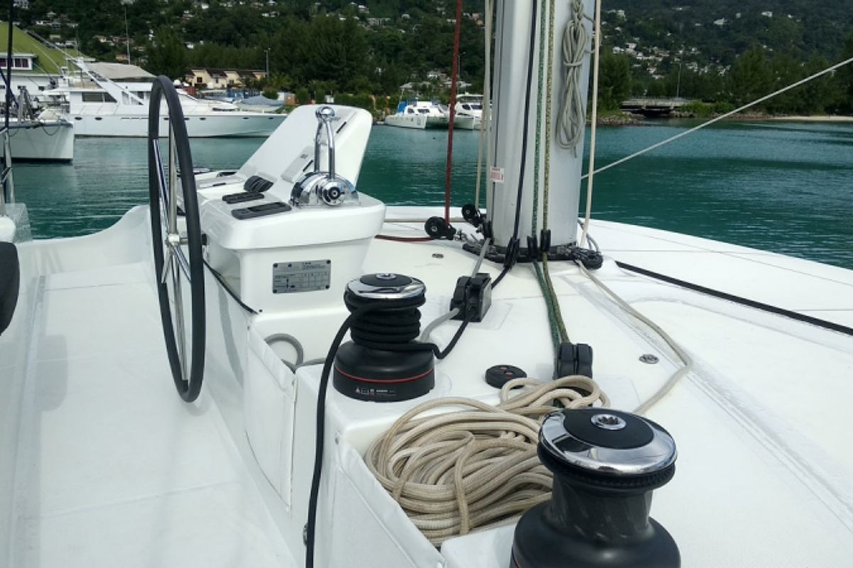 Cockpit of Ocean, a Lagoon 50 catamaran at Eden Island Marina, Seychelles