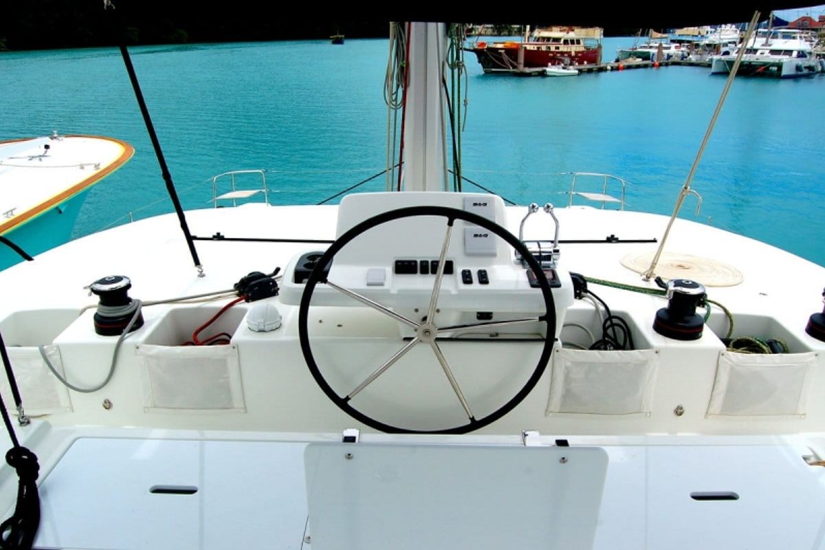 Cockpit of Ocean, a Lagoon 50 catamaran at Eden Island Marina, Seychelles