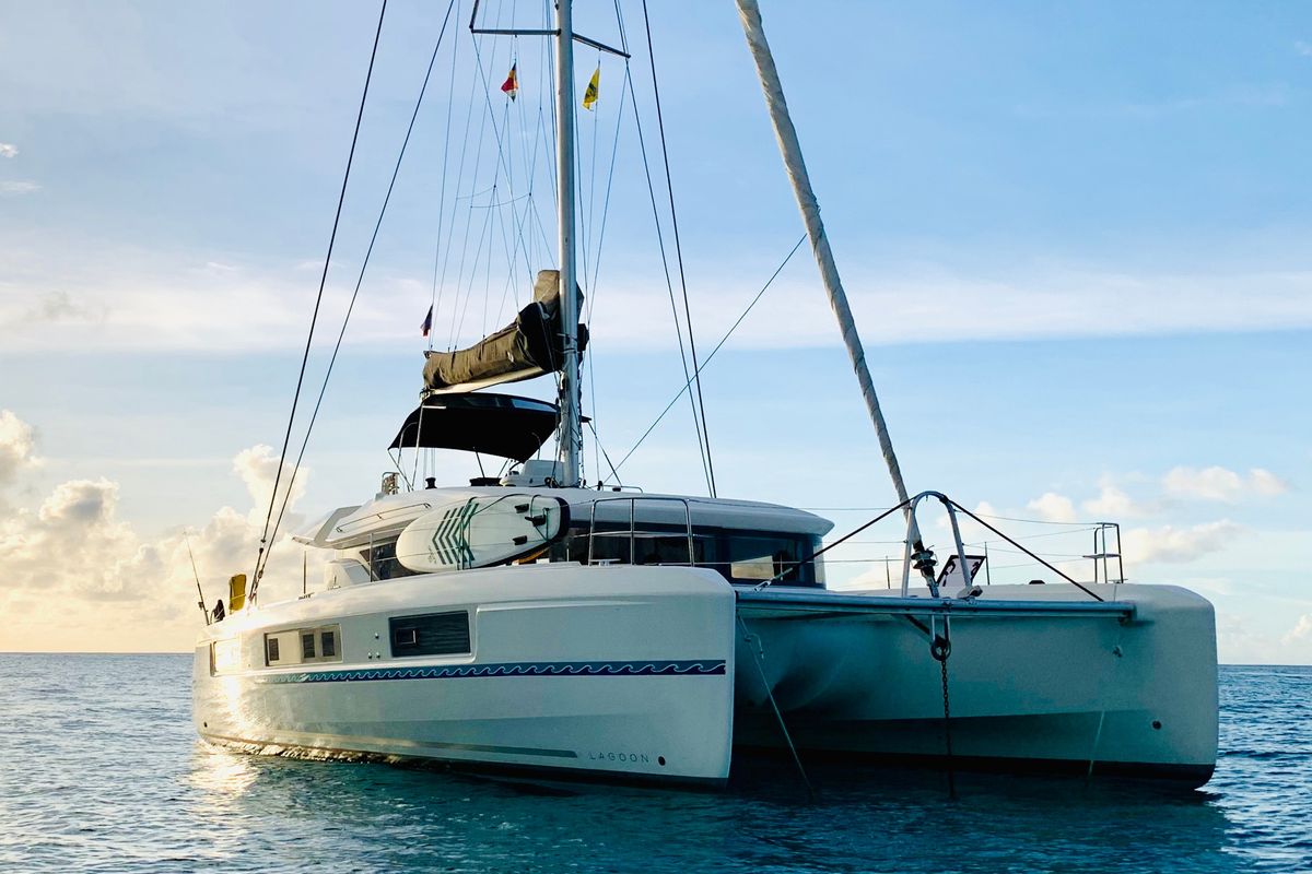 Exterior view of Ocean, a Lagoon 50 catamaran at Eden Island Marina, Seychelles