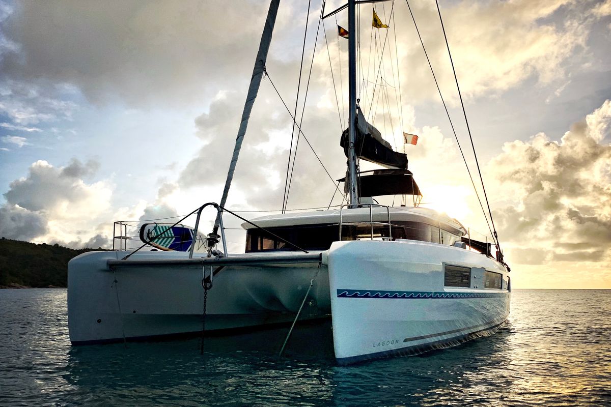 Exterior view of Ocean, a Lagoon 50 catamaran at Eden Island Marina, Seychelles