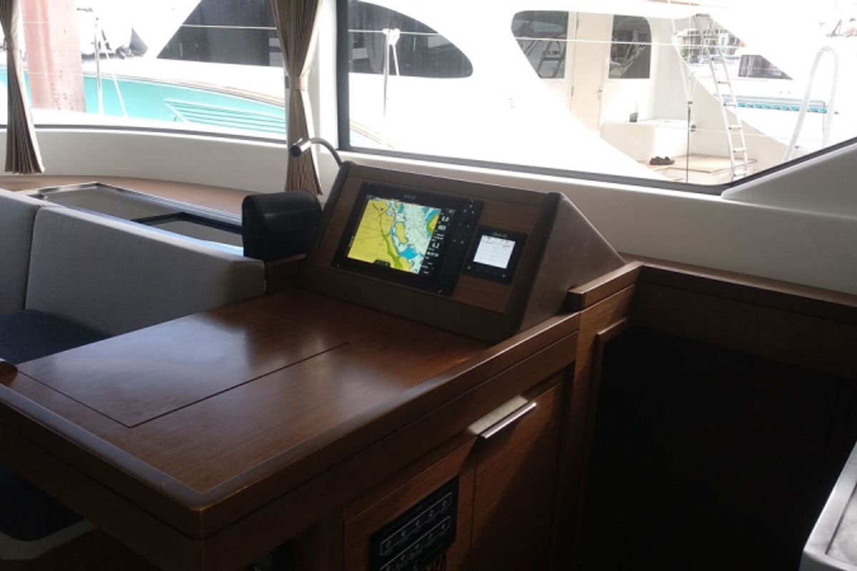 Cockpit of Ocean, a Lagoon 50 catamaran at Eden Island Marina, Seychelles