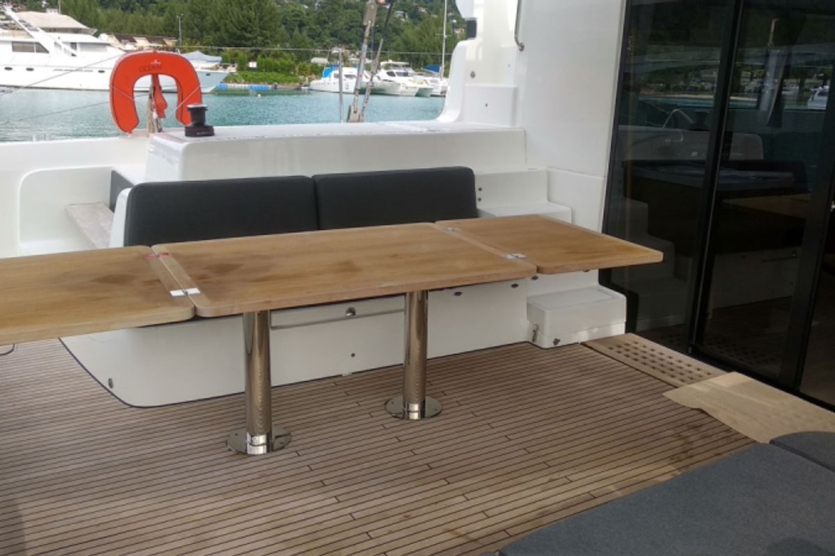 Deck of Ocean, a Lagoon 50 catamaran at Eden Island Marina, Seychelles