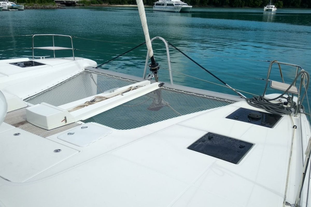 Deck of Ocean, a Lagoon 50 catamaran at Eden Island Marina, Seychelles