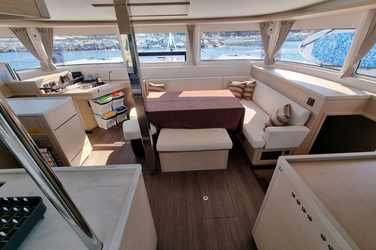 Salon of Altair, a Lagoon 46 catamaran at Olbia, Italy