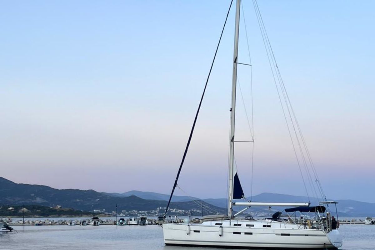 Exterior view of Rachelle, a Bavaria Cruiser 45 sailboat at Kavala, Greece