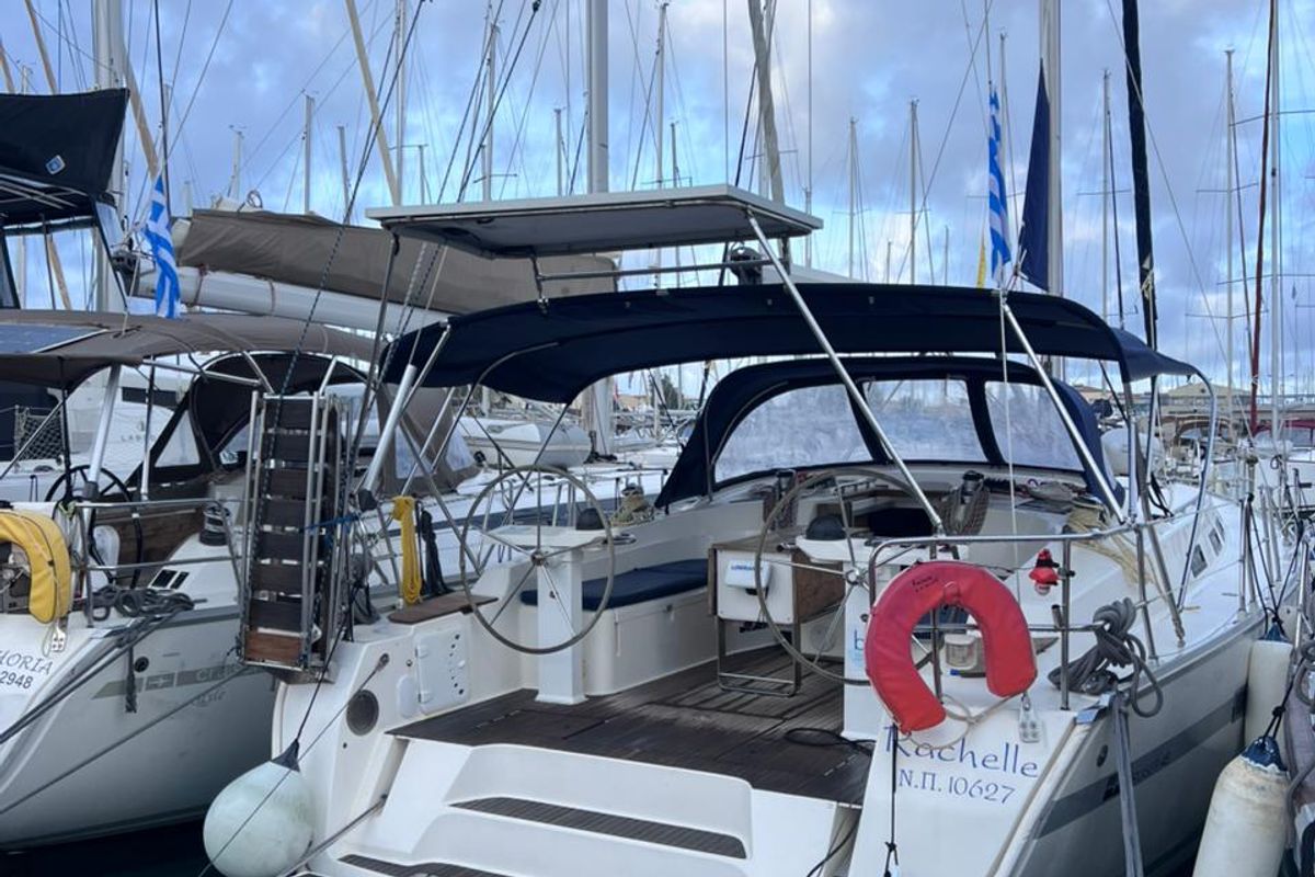 Deck of Rachelle, a Bavaria Cruiser 45 sailboat at Kavala, Greece