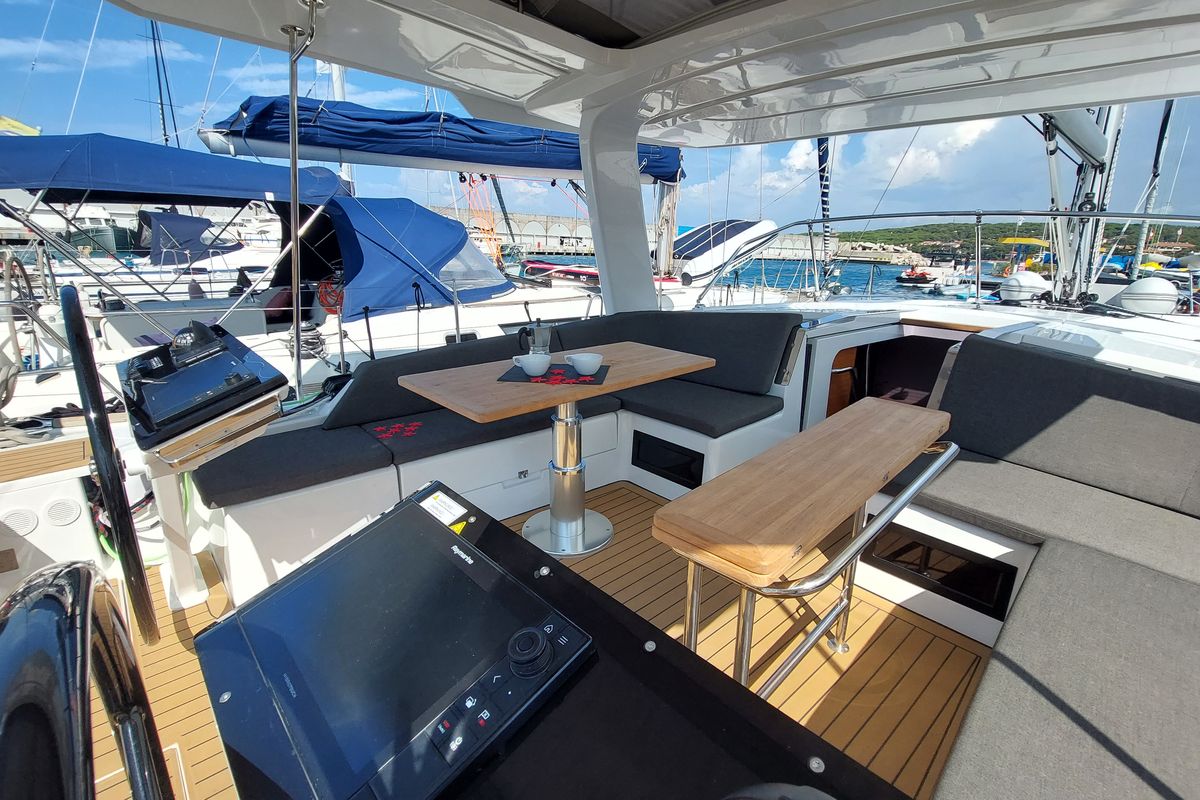 Cockpit of La Mariacristina, a Hanse Yachts Hanse 460 sailboat at Rosignano Solvay, Italy
