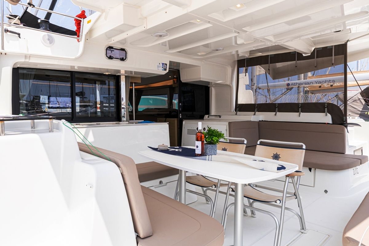 Deck of Escape, a Lagoon 46 catamaran at Municipal Unit of Rhodes, Greece