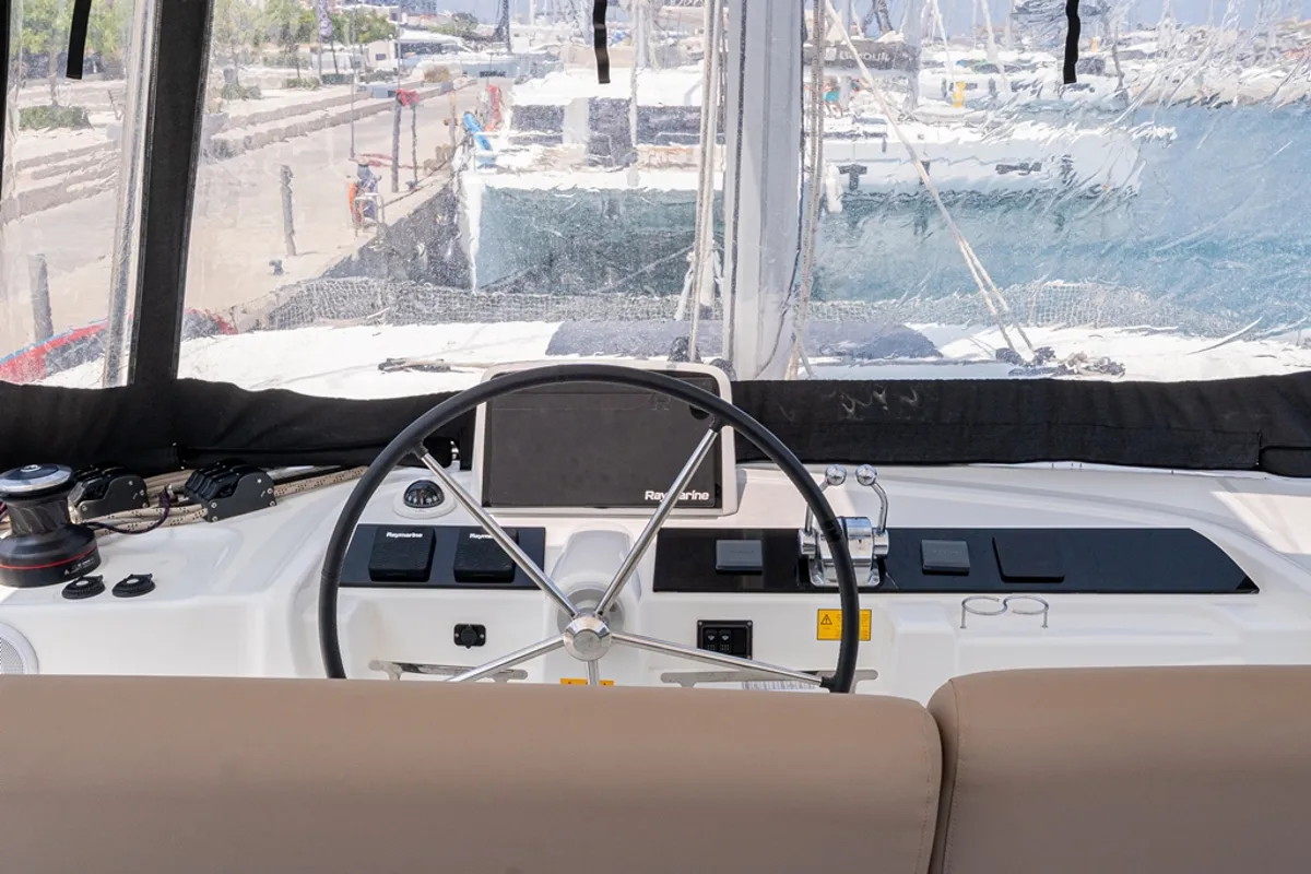 Cockpit of Escape, a Lagoon 46 catamaran at Municipal Unit of Rhodes, Greece
