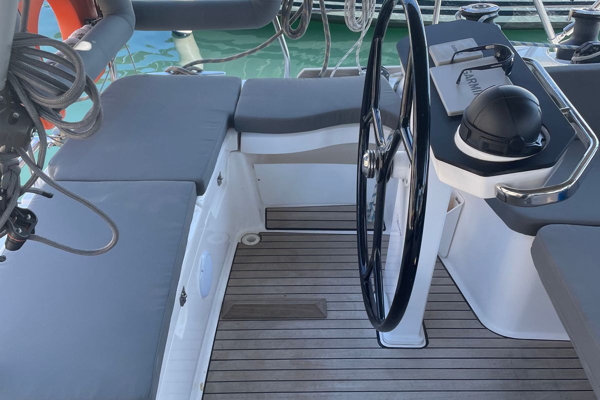 Cockpit of Adonis, a Bavaria Vision 42 sailboat at Preveza, Greece
