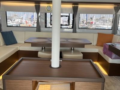 Salon of Shilouette, a Lagoon 50 catamaran at Athens, Greece
