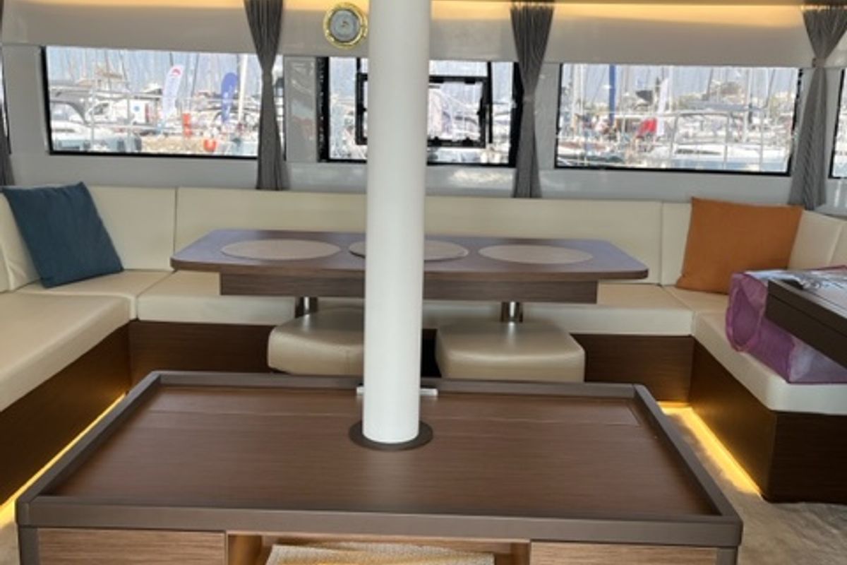 Salon of Shilouette, a Lagoon 50 catamaran at Athens, Greece