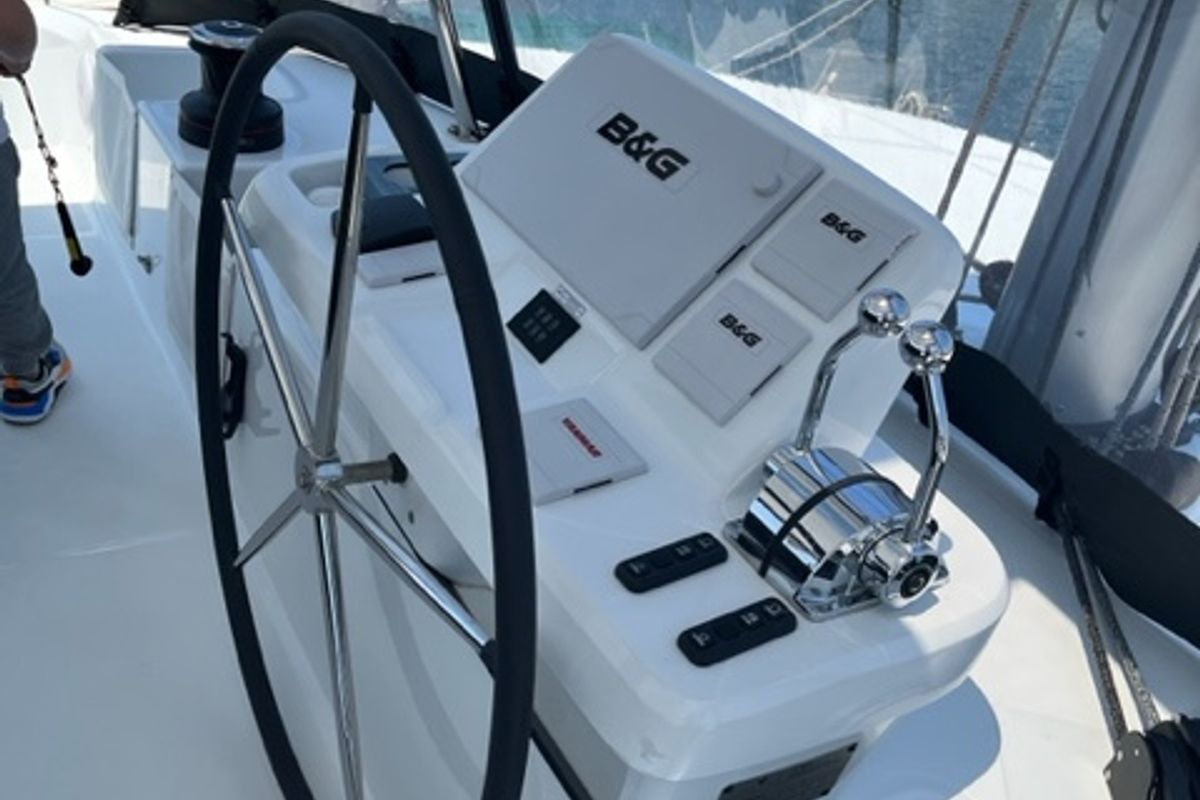 Cockpit of Shilouette, a Lagoon 50 catamaran at Athens, Greece