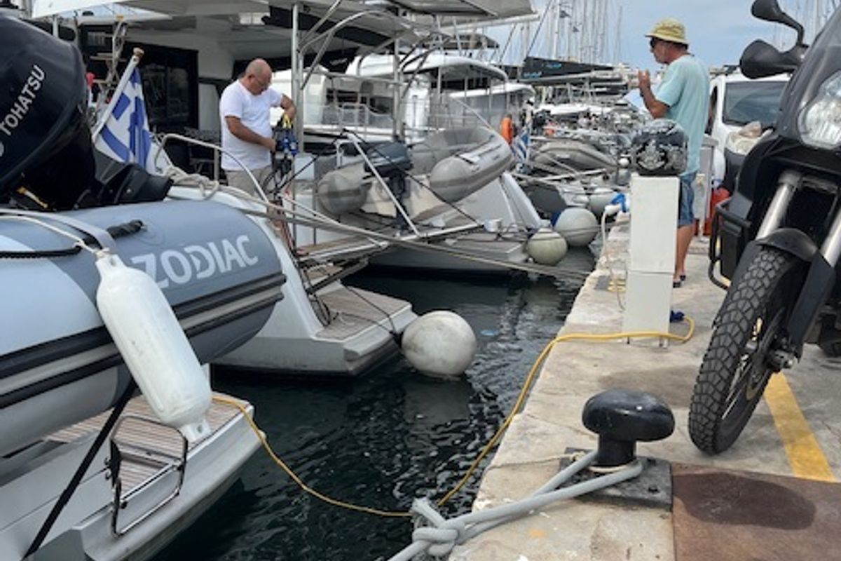 Exterior view of Shilouette, a Lagoon 50 catamaran at Athens, Greece