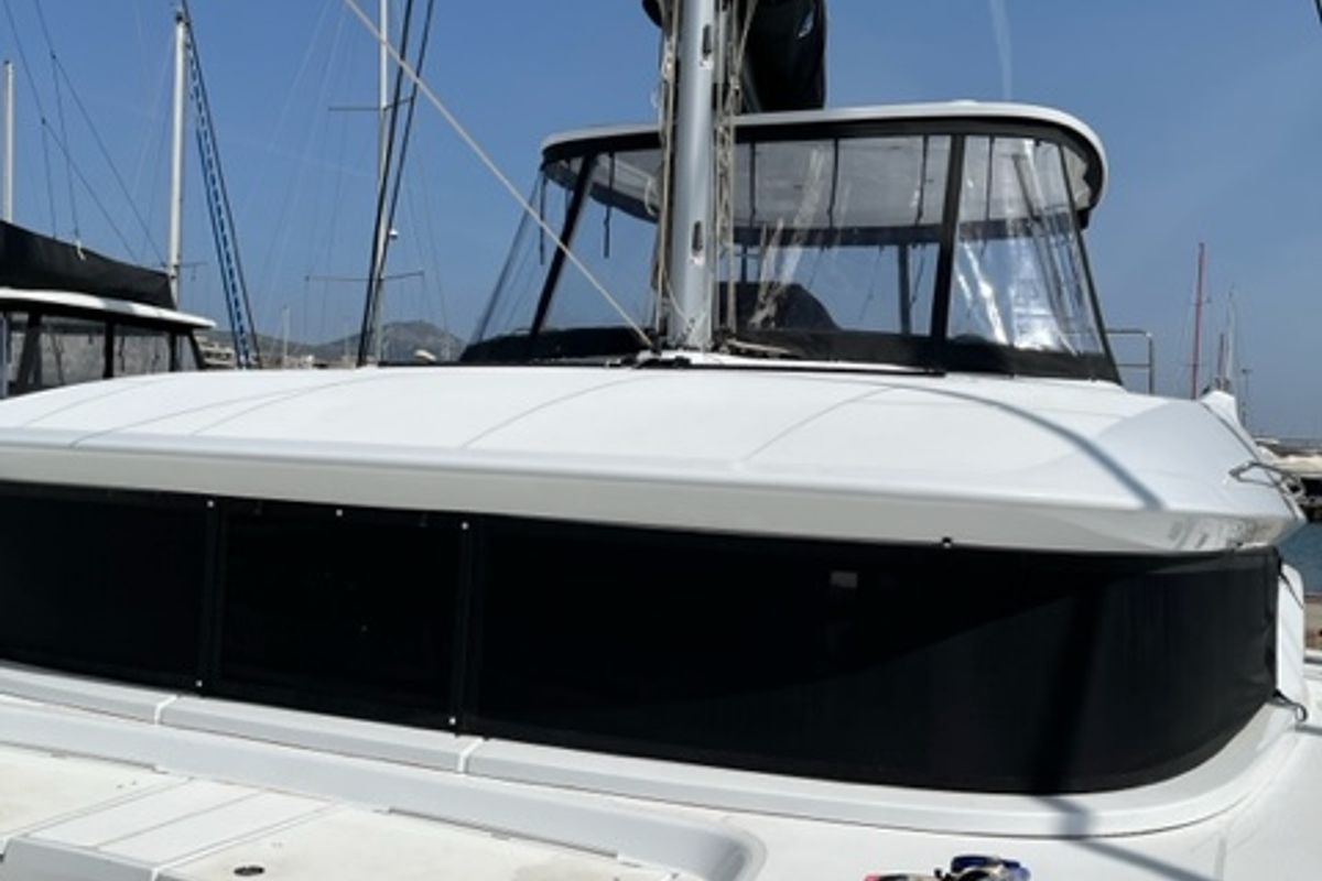Exterior view of Shilouette, a Lagoon 50 catamaran at Athens, Greece
