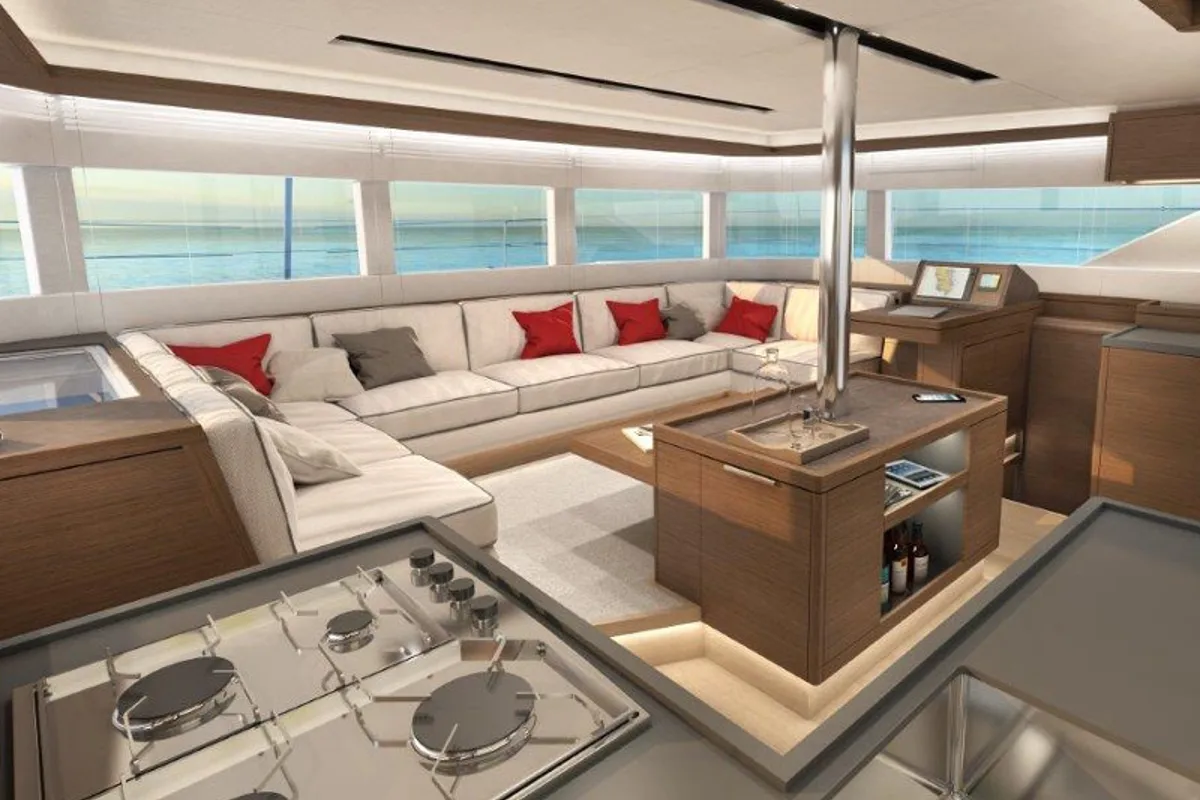 Salon of Shilouette, a Lagoon 50 catamaran at Athens, Greece