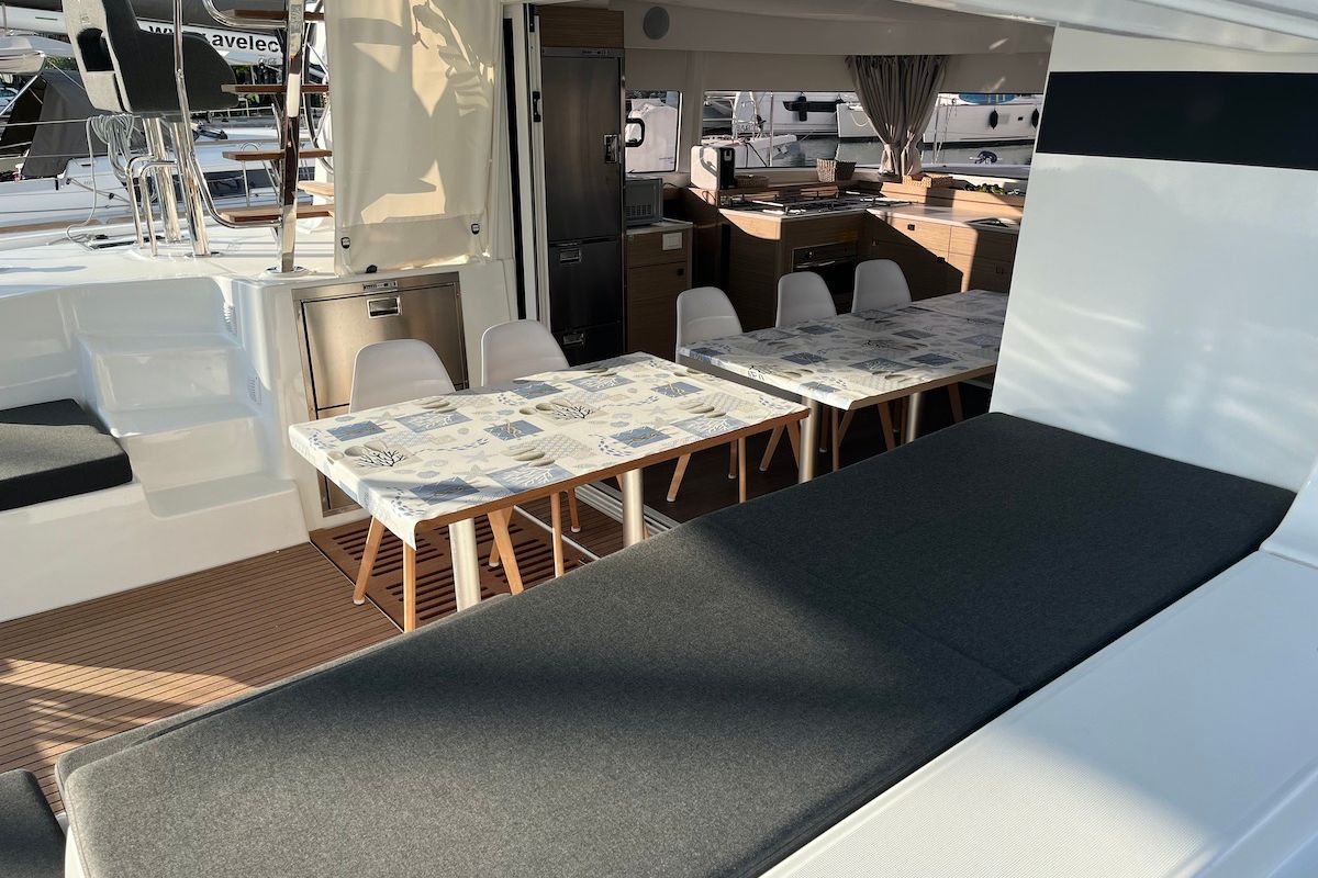 Deck of Why not 21, a Lagoon 43 catamaran at Municipal Unit of Lefkada, Greece