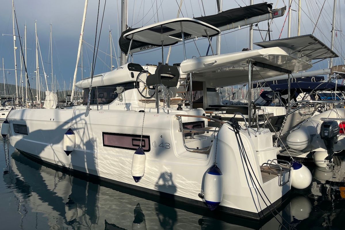 Exterior view of Why not 21, a Lagoon 43 catamaran at Municipal Unit of Lefkada, Greece
