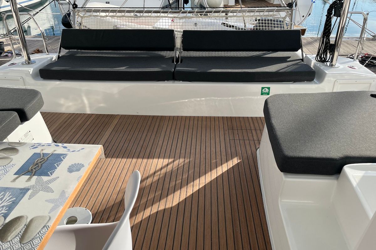 Salon of Why not 21, a Lagoon 43 catamaran at Municipal Unit of Lefkada, Greece