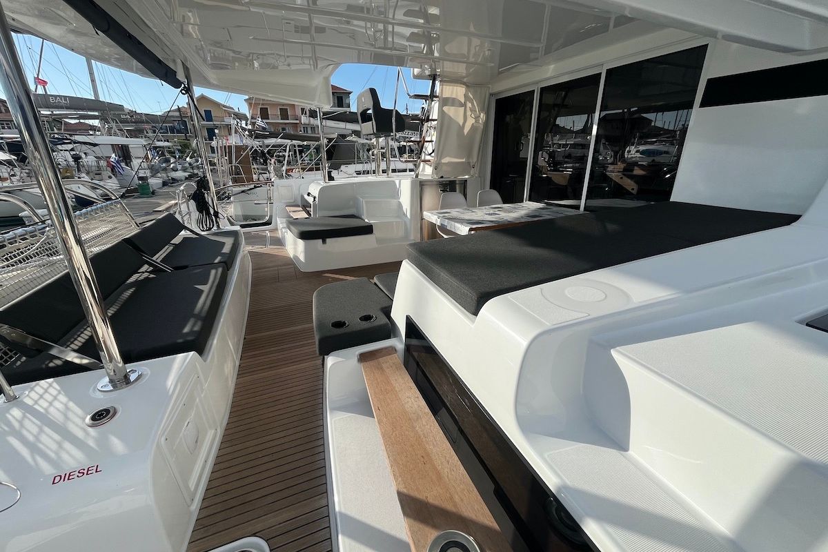 Deck of Why not 21, a Lagoon 43 catamaran at Municipal Unit of Lefkada, Greece