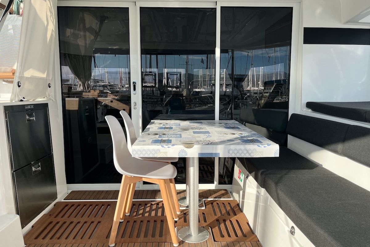 Deck of Why not 21, a Lagoon 43 catamaran at Municipal Unit of Lefkada, Greece