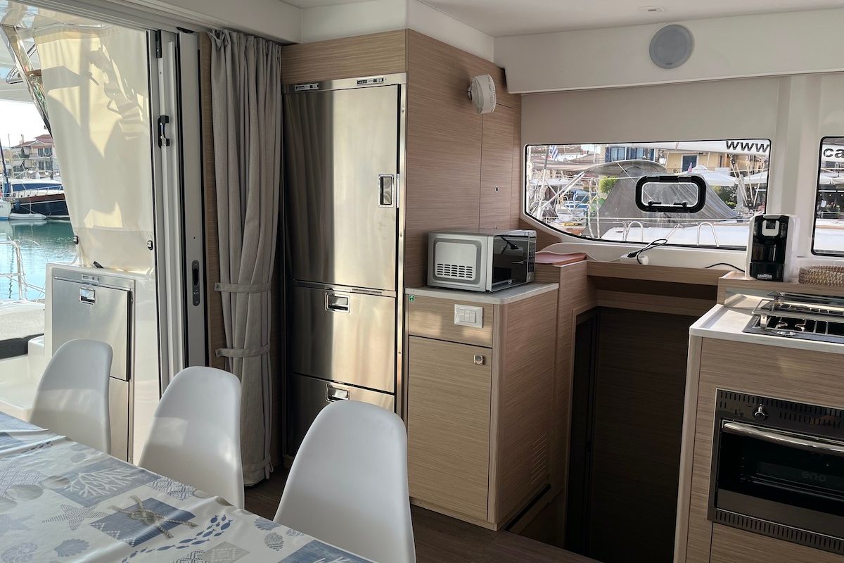 Salon of Why not 21, a Lagoon 43 catamaran at Municipal Unit of Lefkada, Greece