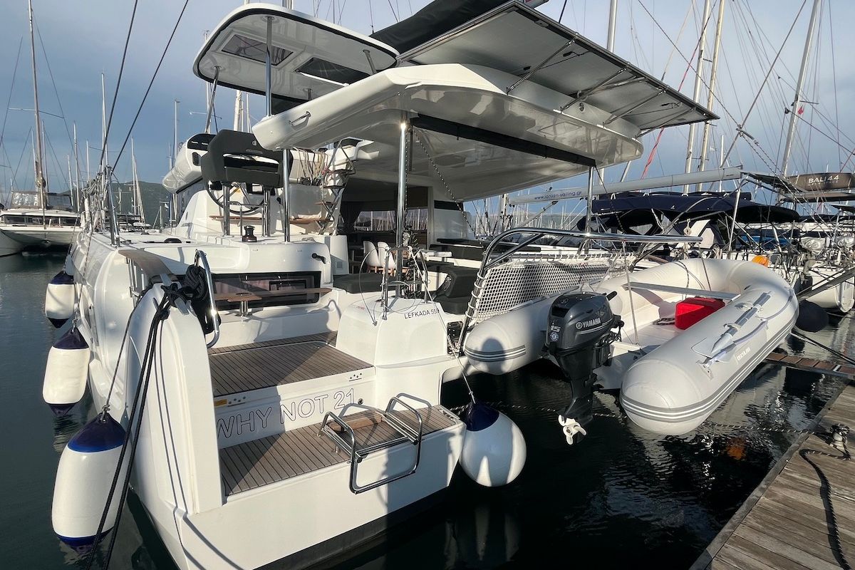 Exterior view of Why not 21, a Lagoon 43 catamaran at Municipal Unit of Lefkada, Greece