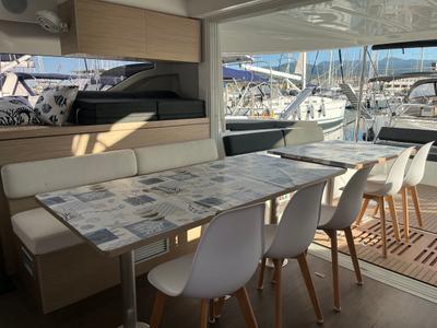 Salon of Why not 21, a Lagoon 43 catamaran at Municipal Unit of Lefkada, Greece