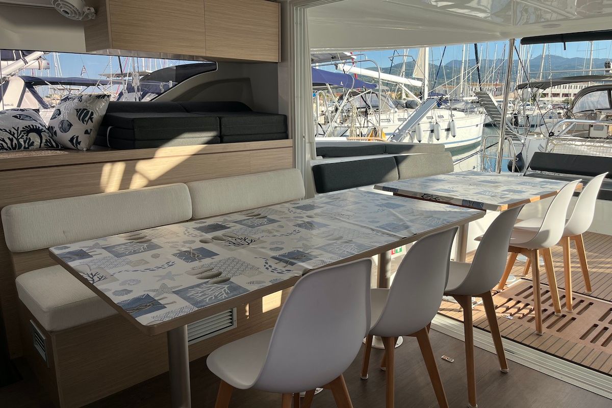 Salon of Why not 21, a Lagoon 43 catamaran at Municipal Unit of Lefkada, Greece