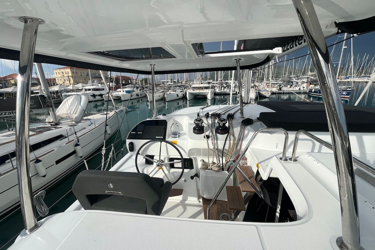 Cockpit of Why not 21, a Lagoon 43 catamaran at Municipal Unit of Lefkada, Greece