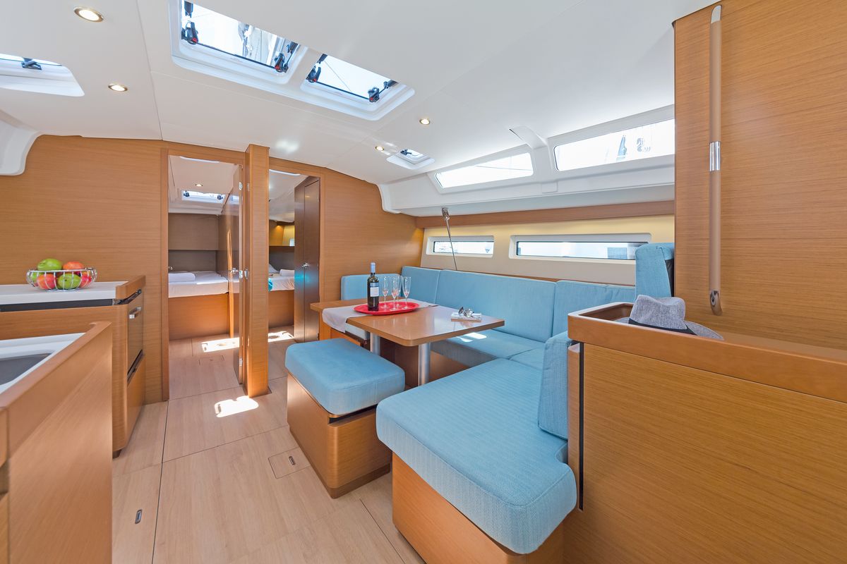 Salon of Captain George, a Jeanneau Sun Odyssey 490 sailboat at Municipal Unit of Rhodes, Greece