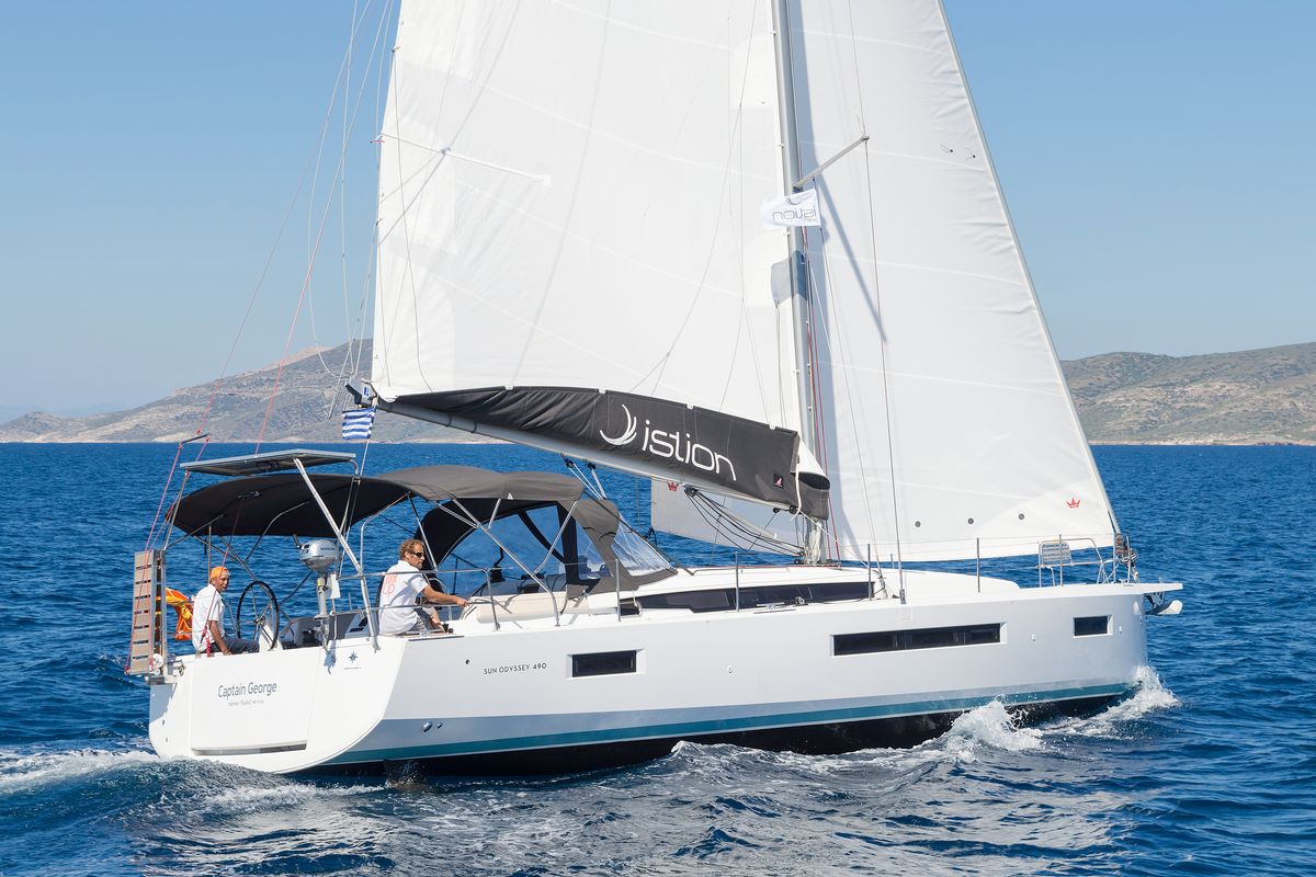 Exterior view of Captain George, a Jeanneau Sun Odyssey 490 sailboat at Municipal Unit of Rhodes, Greece