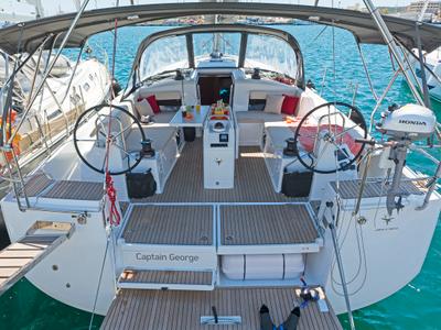 Cockpit of Captain George, a Jeanneau Sun Odyssey 490 sailboat at Municipal Unit of Rhodes, Greece