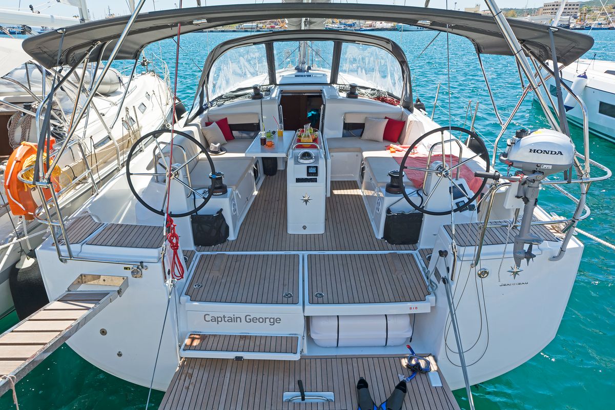 Cockpit of Captain George, a Jeanneau Sun Odyssey 490 sailboat at Municipal Unit of Rhodes, Greece