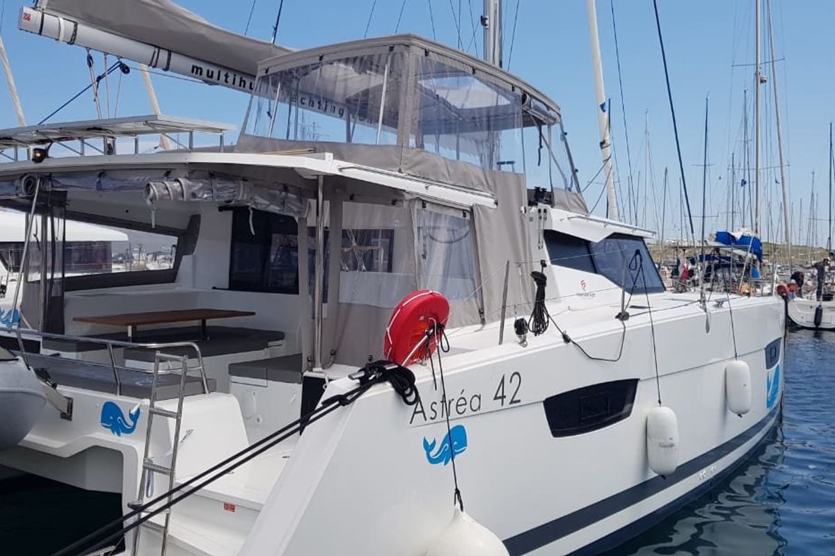 Exterior view of Wild Baleine, a Fountaine Pajot Astrea 42 catamaran at Lavreotiki Municipal Unit, Greece