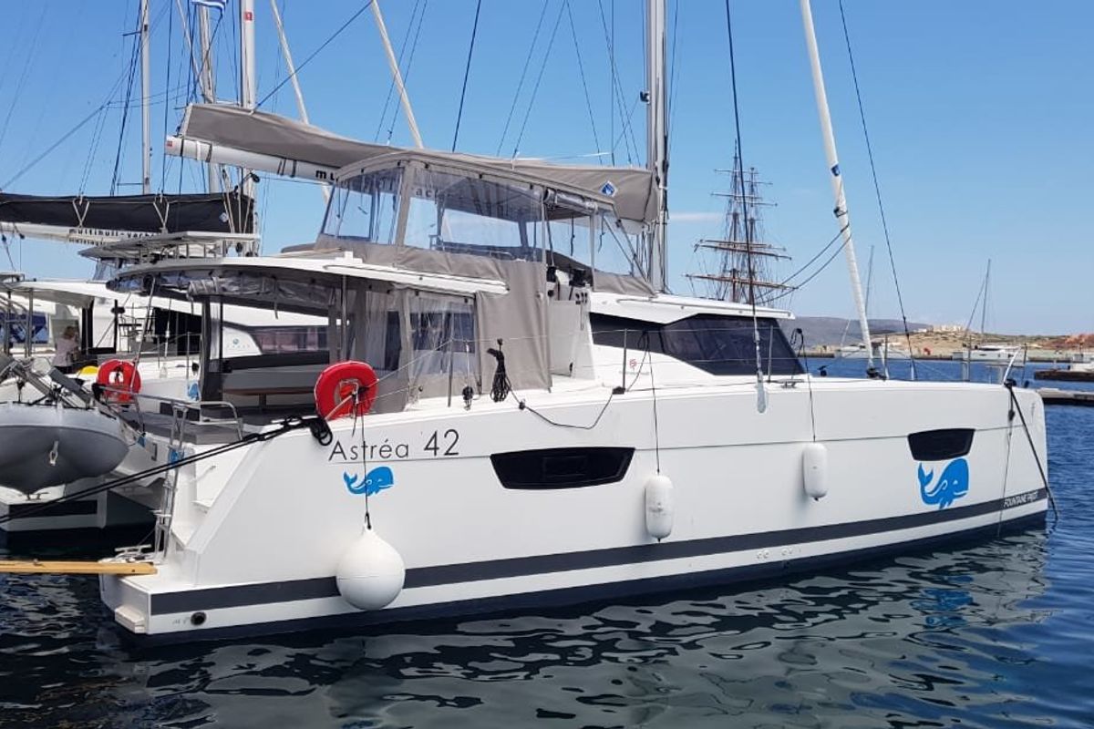 Exterior view of Wild Baleine, a Fountaine Pajot Astrea 42 catamaran at Lavreotiki Municipal Unit, Greece
