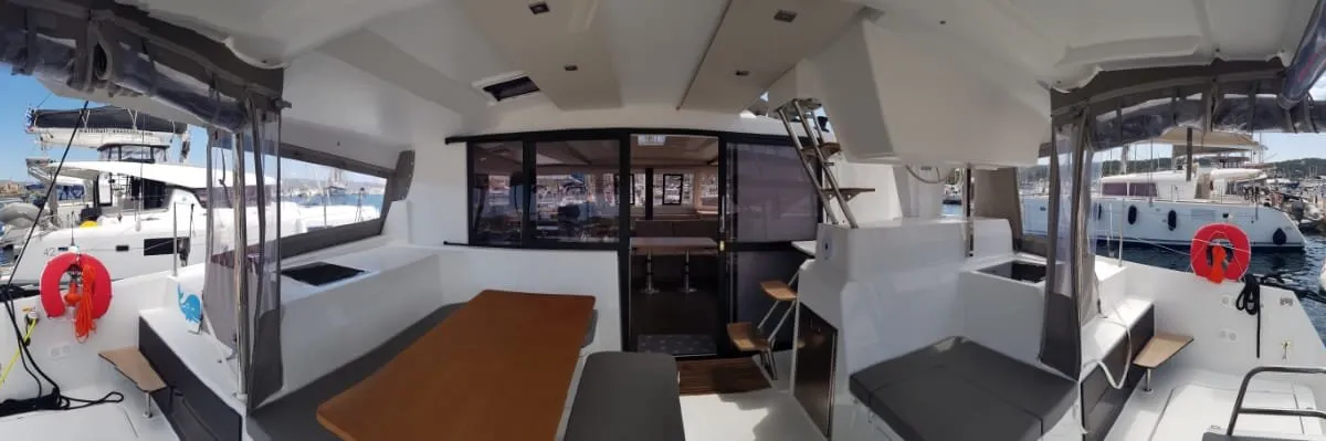 Deck of Wild Baleine, a Fountaine Pajot Astrea 42 catamaran at Lavreotiki Municipal Unit, Greece