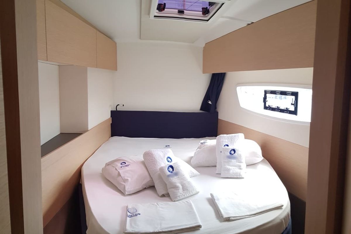 Cabin on Wild Baleine, a Fountaine Pajot Astrea 42 catamaran at Lavreotiki Municipal Unit, Greece