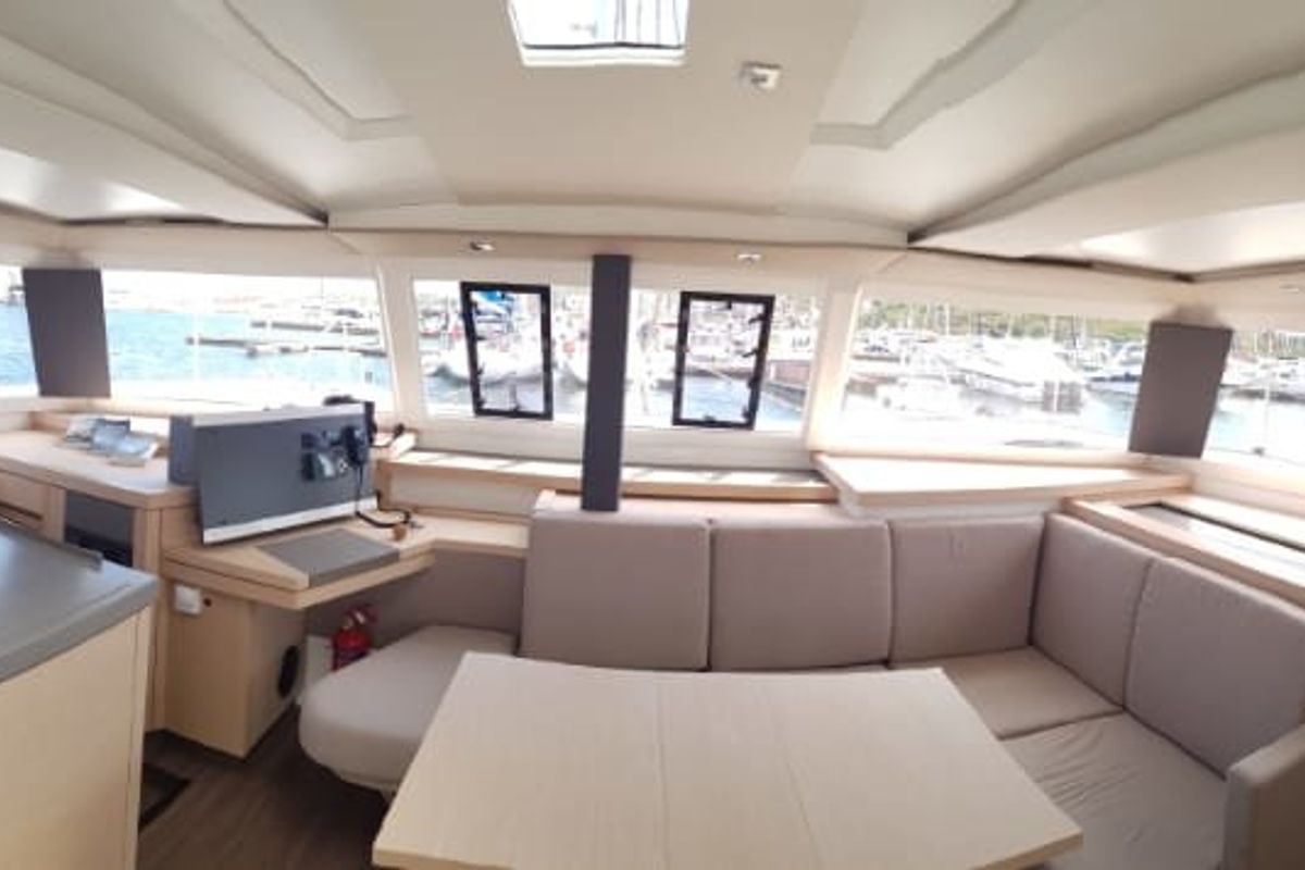 Salon of Wild Baleine, a Fountaine Pajot Astrea 42 catamaran at Lavreotiki Municipal Unit, Greece