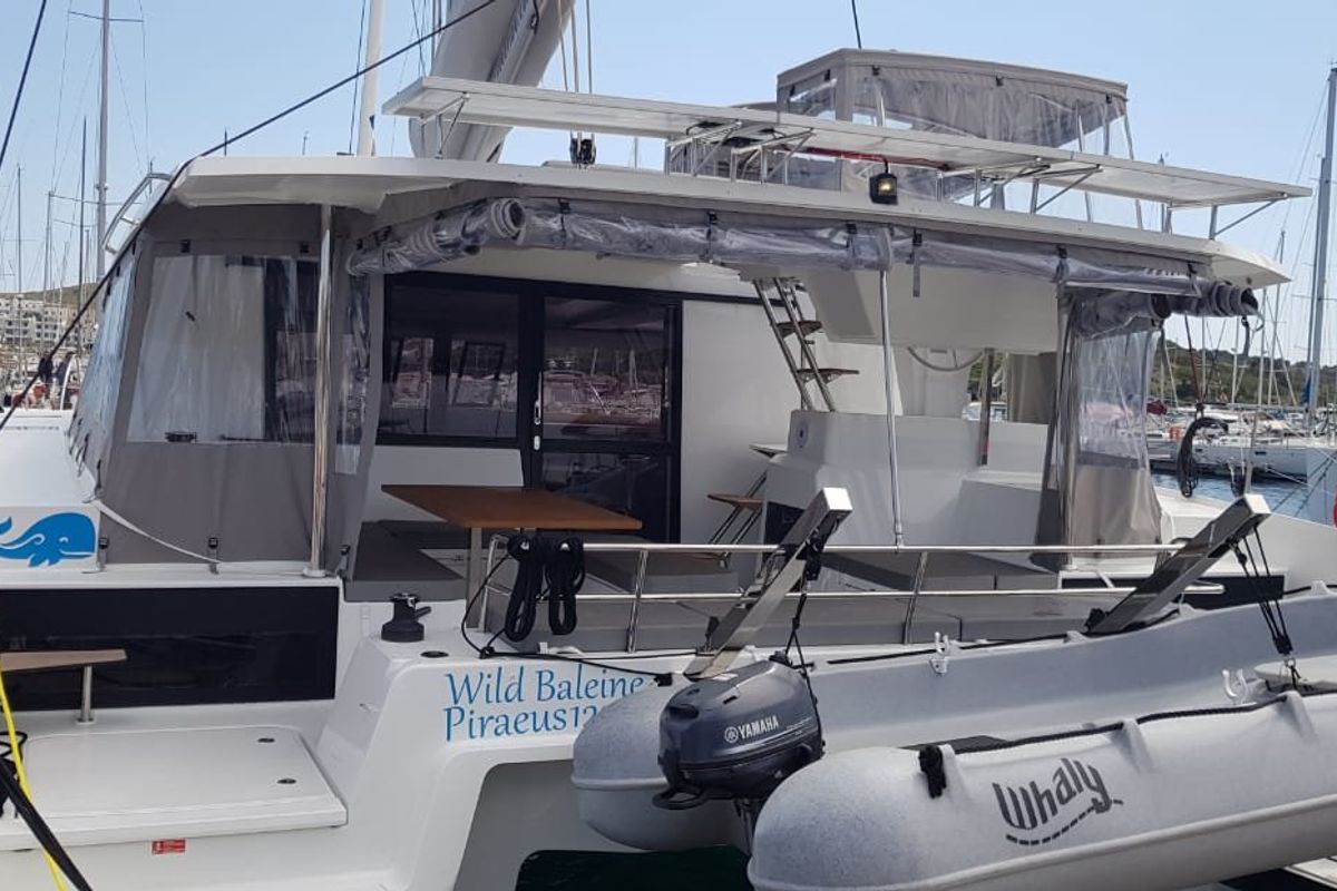 Exterior view of Wild Baleine, a Fountaine Pajot Astrea 42 catamaran at Lavreotiki Municipal Unit, Greece