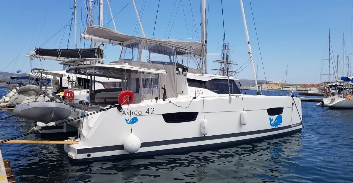Exterior view of Wild Baleine, a Fountaine Pajot Astrea 42 catamaran at Lavreotiki Municipal Unit, Greece
