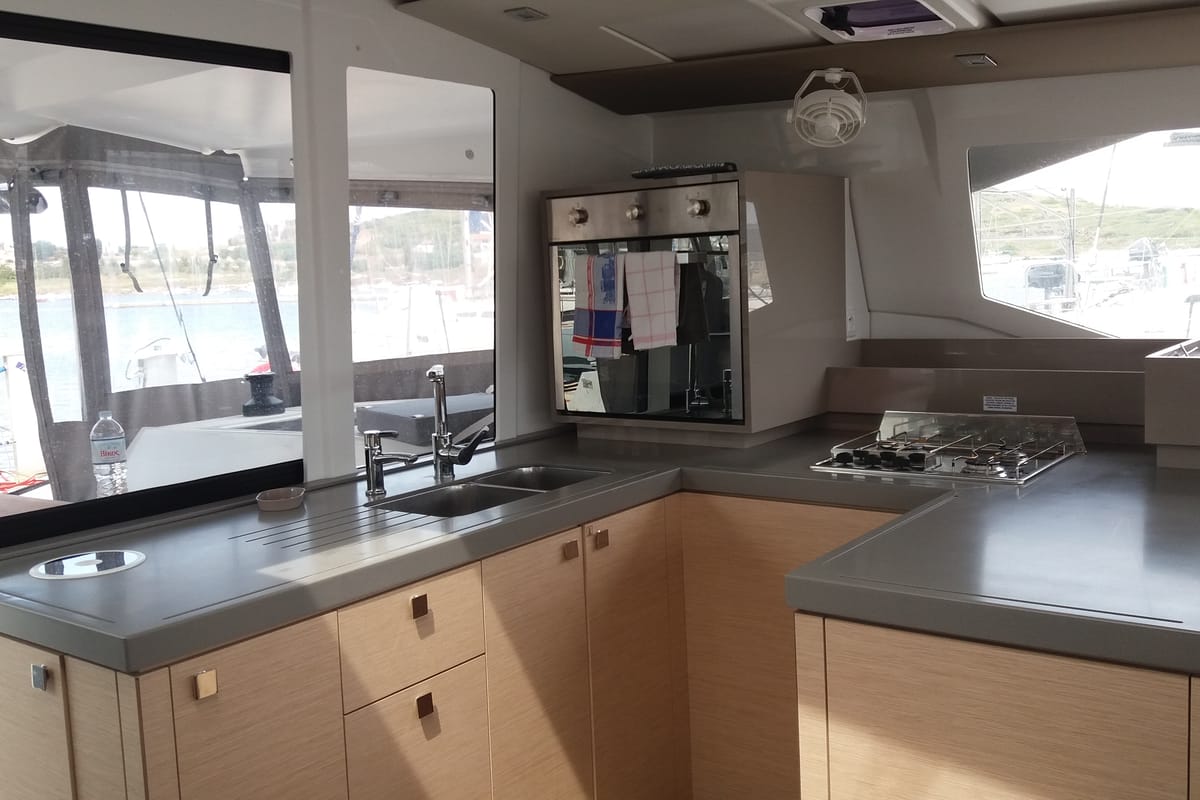Galley of Wild Baleine, a Fountaine Pajot Astrea 42 catamaran at Lavreotiki Municipal Unit, Greece
