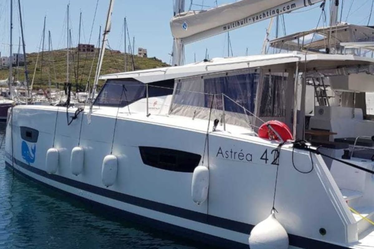 Exterior view of Wild Baleine, a Fountaine Pajot Astrea 42 catamaran at Lavreotiki Municipal Unit, Greece