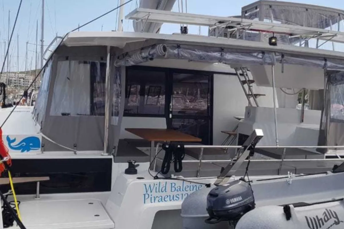 Deck of Wild Baleine, a Fountaine Pajot Astrea 42 catamaran at Lavreotiki Municipal Unit, Greece