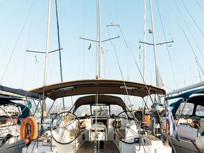Cockpit of FILIPPOS I  Boat location in LEFKAS MARINA, D-marin  1 SUP FREE, a Jeanneau Sun Odyssey 479 sailboat at Municipal…