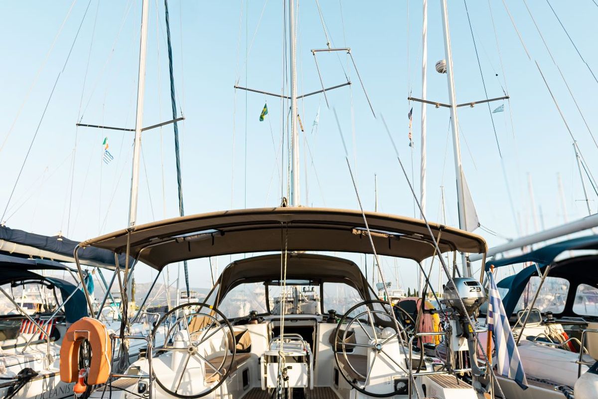Cockpit of FILIPPOS I  Boat location in LEFKAS MARINA, D-marin  1 SUP FREE, a Jeanneau Sun Odyssey 479 sailboat at Municipal…