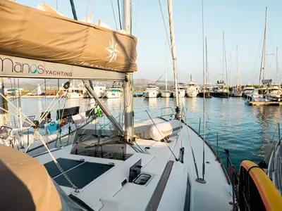 Deck of FILIPPOS I  Boat location in LEFKAS MARINA, D-marin  1 SUP FREE, a Jeanneau Sun Odyssey 479 sailboat at Municipal Un…