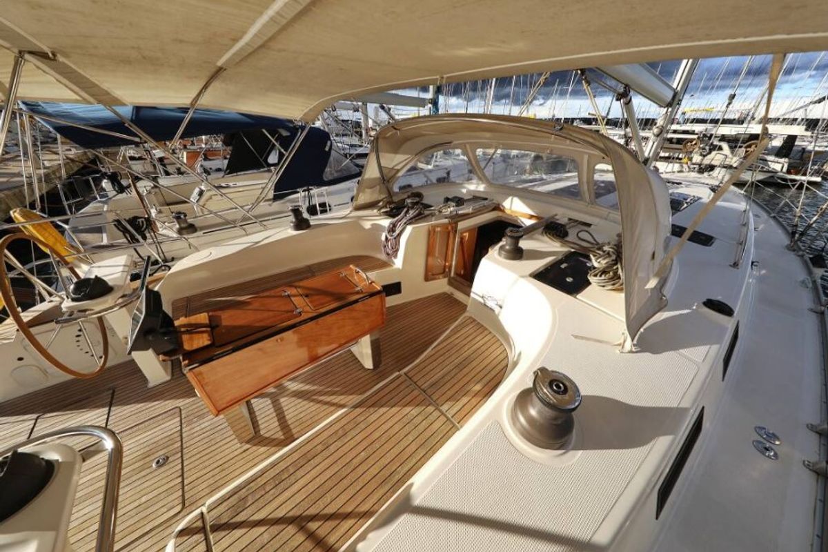 Cockpit of Odysseas S, a Bavaria 50 sailboat at Salamina Municipal Unit, Greece