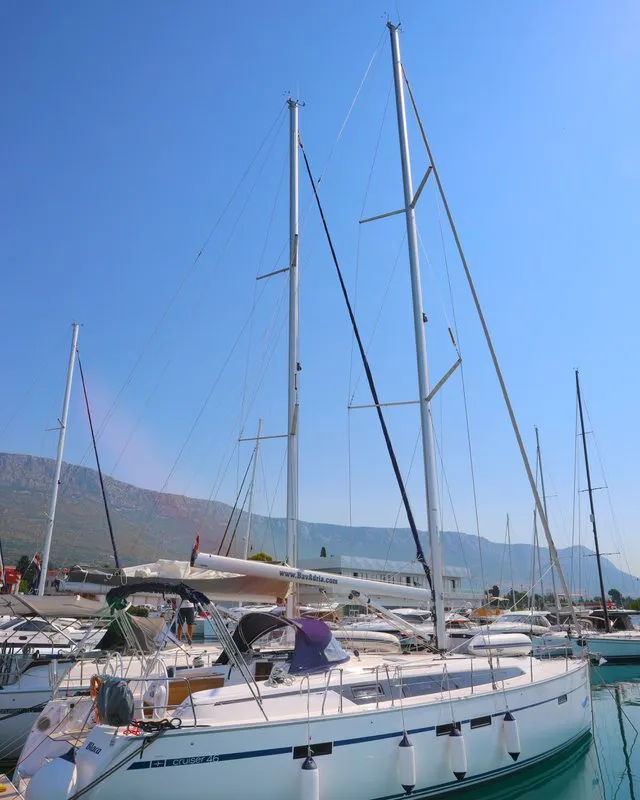 Exterior view of Blaca, a Bavaria Cruiser 46 sailboat at Grad Kaštela, Croatia
