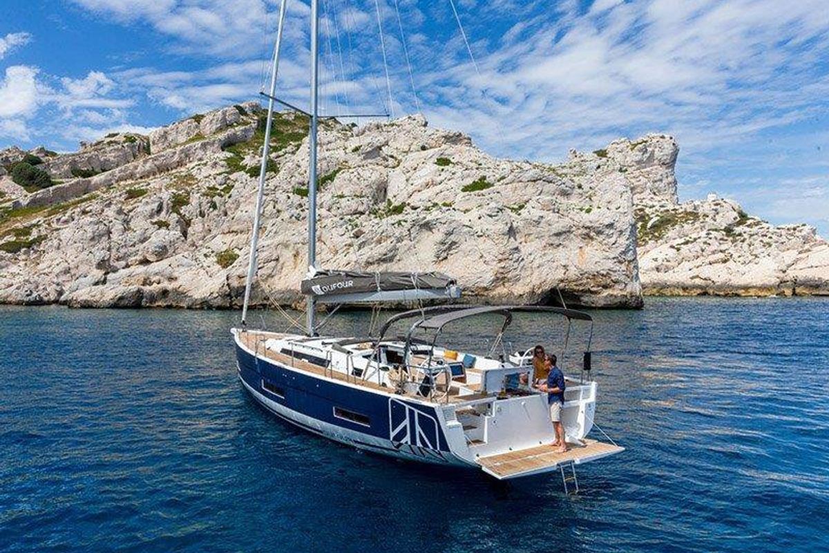 Exterior view of Vita, a Dufour 530 sailboat at Grad Šibenik, Croatia